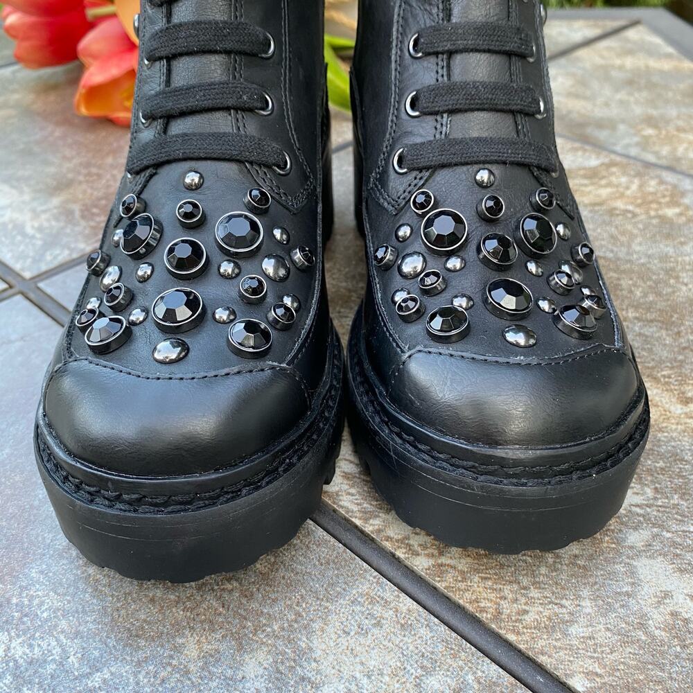 New KARL LAGERFELD PARIS Black Breck Studded Leather Moto Combat Boot Size 6 - Picture 4 of 12